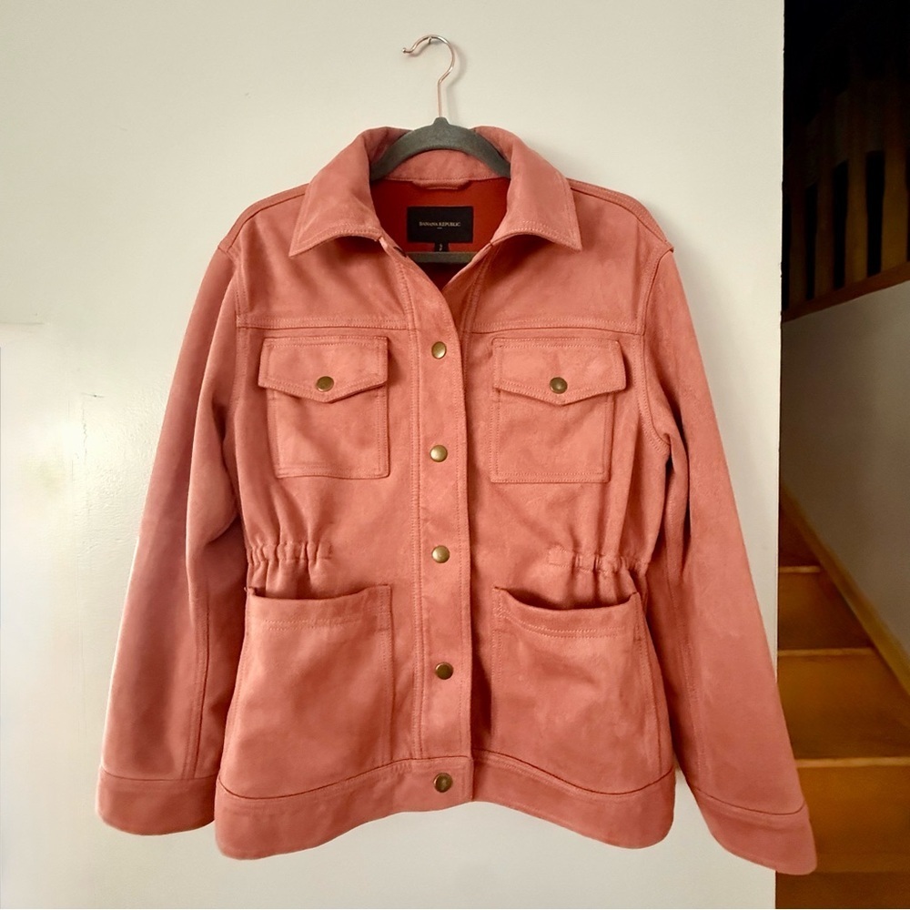 Banana Republic Vegan Suede Jacket Snap Front Cinched Waist Pink Amaretti